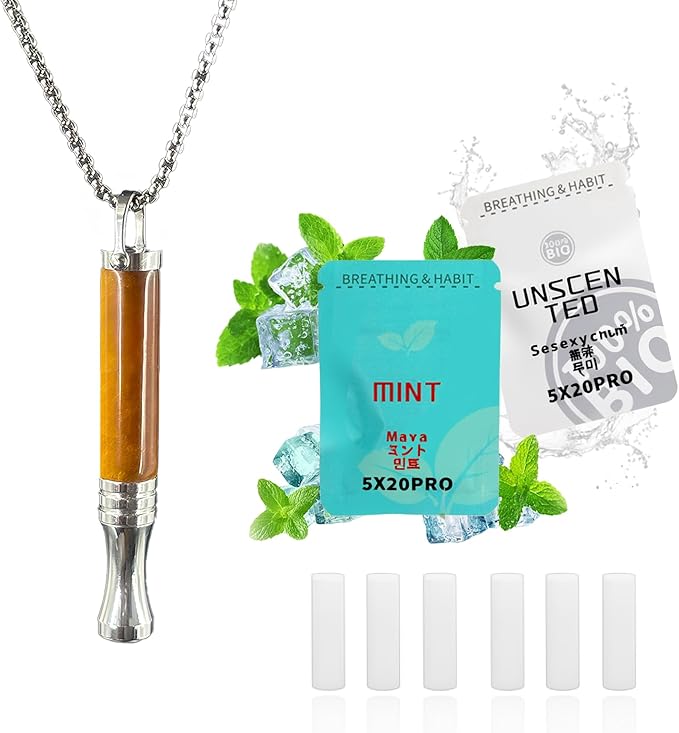 Anxiety Breathing Necklace with Resistance, Quit Smoking Necklace with Mint Filter, Tiger Eye Stone Quit Vaping Tool with Air Filter, Anxiety Relief Breathing Tool