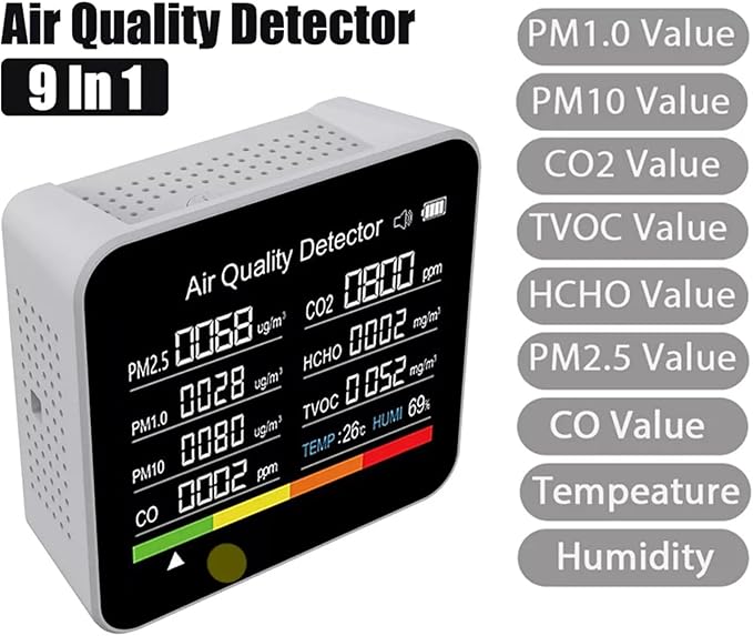 9-in-1 Indoor Air Quality Monitor for PM2.5, PM10, CO2, VOC, Formaldehyde, Humidity, Temp
