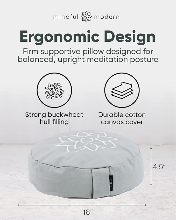 Mindful & Modern Large Meditation Cushion for Zafu Yoga - Meditation Pillow for Sitting on the Floor - Buckwheat Hull Filled Yoga Cushion with Removable, Washable 100% Cotton Cover and Carry Handle