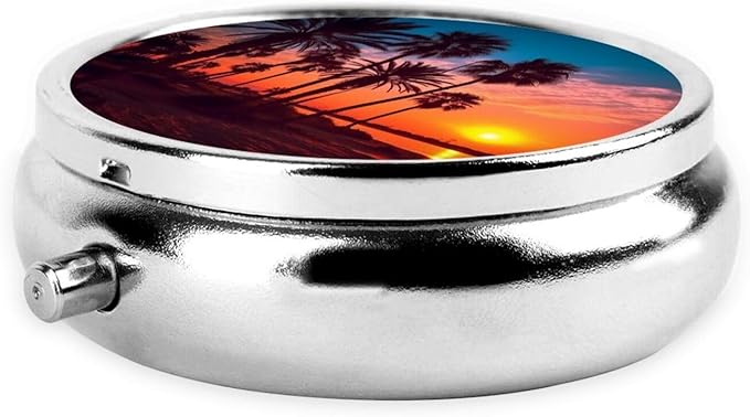 Palm Tree Sunset Pill Case 3 Compartment Pill Box Portable Metal Pill Organizer Cute Travel Pill Container Vitamin Organizer for Purse Pocket Travel Gift