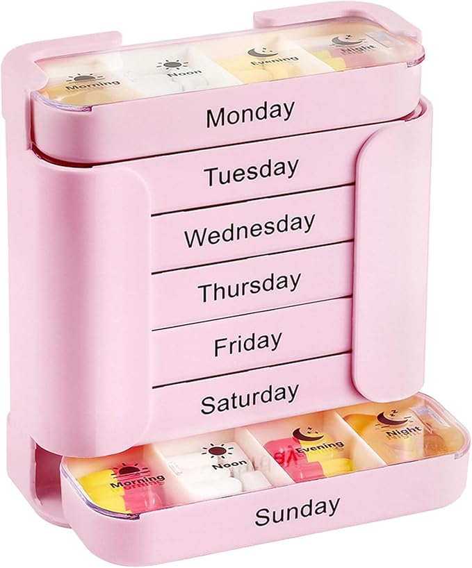 Stay on Track 7-Day Medication Organizer - for Effortless Health Management, Large Weekly Pill Organizer with 4 Times a Day Compartments, Stackable Pill Organizer for Vitamins & Supplements (Pink)