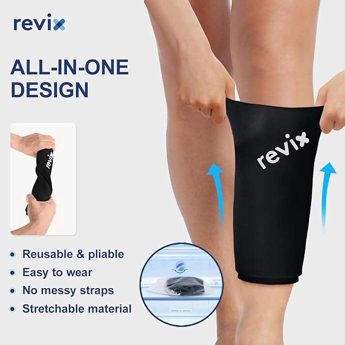 REVIX Shin Splint Relief Ice Packs, Calf Compression Sleeve for Legs Reusable Ice Pack for Elbow, Arm & Knee Pain Relief, Hot Cold Therapy for Sports Injury Recovery & Sprains