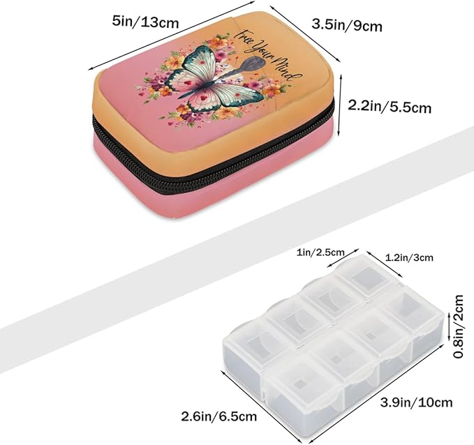 Butterfly Woman Flower Pill Case Travel Pill Organizer Weekly 7 Day Portable with Zipper Medicine Box Pill Case for Vitamins, Birth Control,Fish Oils,Medication, Supplements
