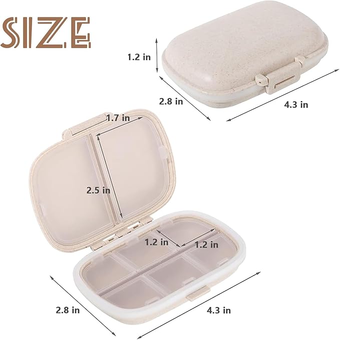 2PCS INVODA Pill Organizer Travel Pill Box 8 Compartments Moisture Proof Small Pill Case for Pocket Purse Daily Pill Container Portable Medicine Fish Oil Vitamin Holder