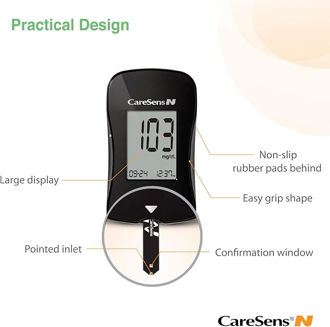 CareSens N Blood Glucose Monitoring Meter (Auto Coding) - 1 Diabetes Blood Glucose Meter, 1 User Guide, 1 Quick Reference guide, 1 Case & 2 CR 2032 Batteries