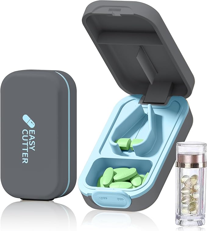 Pill Cutter & Organizer - 3-25mm Adjustable Blades | Splinter-Free Cutting | Detachable Washable Compartment Pill Splitter for Small or Large Pills Gray