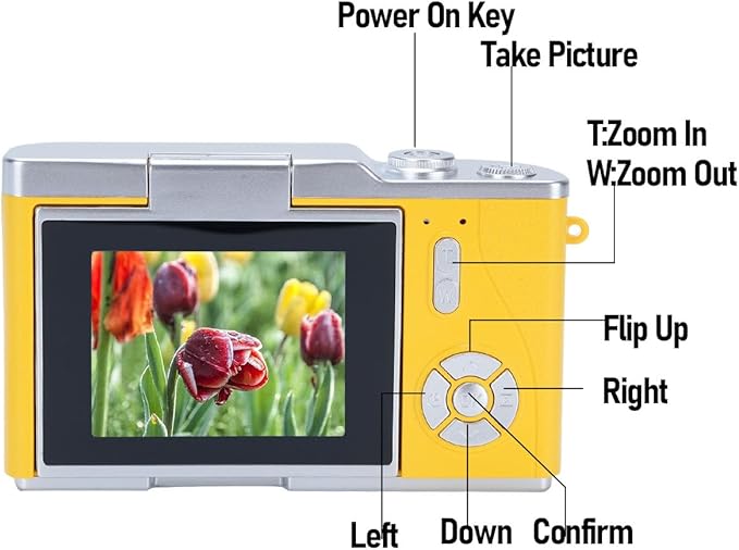 48MP Digital Camera, 1080P Video Camera, 8X Zoom, 2.4 Inch HD Flip Screen, LED Fill Light, Long Battery Life, with Multiple Functions for Entertaining Photography (Yellow)