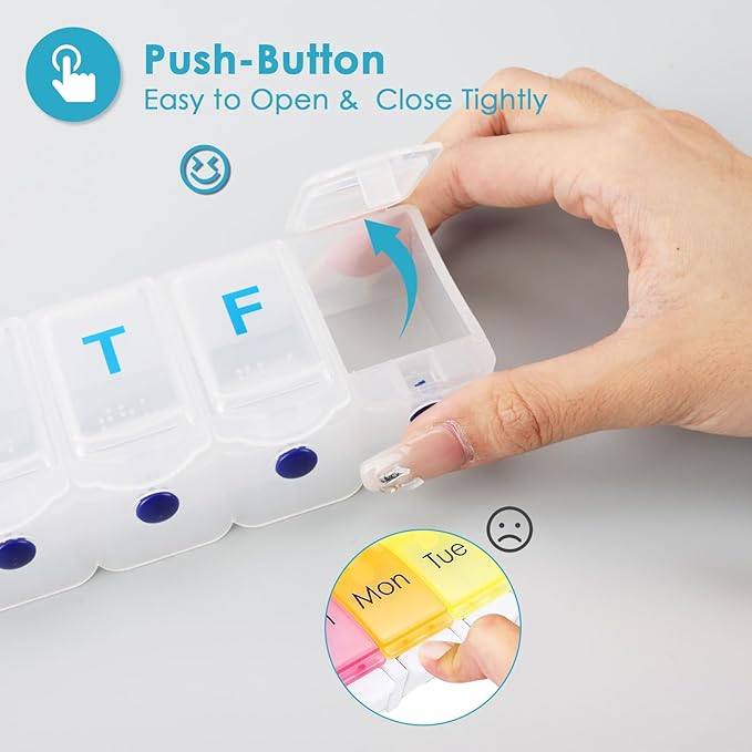 Extra Large Weekly Pill Organizer 1 Time a Day, Travel Pill Box 7 Day, Portable Pill Case with Push Button, Daily Pill Dispenser for Medication Vitamins Fish Oil Supplements