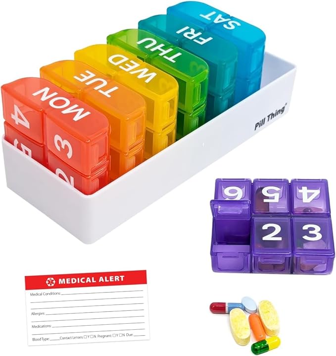 6 Times a Day, 7 Day Large Weekly Pill Organizer with Holder Tray, Vitamin, Medicine Box, Multicolor with Medical Alert Card (6X a Day - 2 Pack)