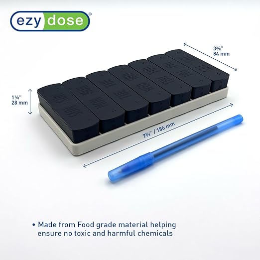 EZY DOSE Weekly (7-Day) AM/PM Daily Pill Case, Embossed Matte Pill Case, Daily Medicine & Vitamin Organizer Box, Large Easy-Open Compartments, BPA-Free Medication Planner for Home & Travel, Black