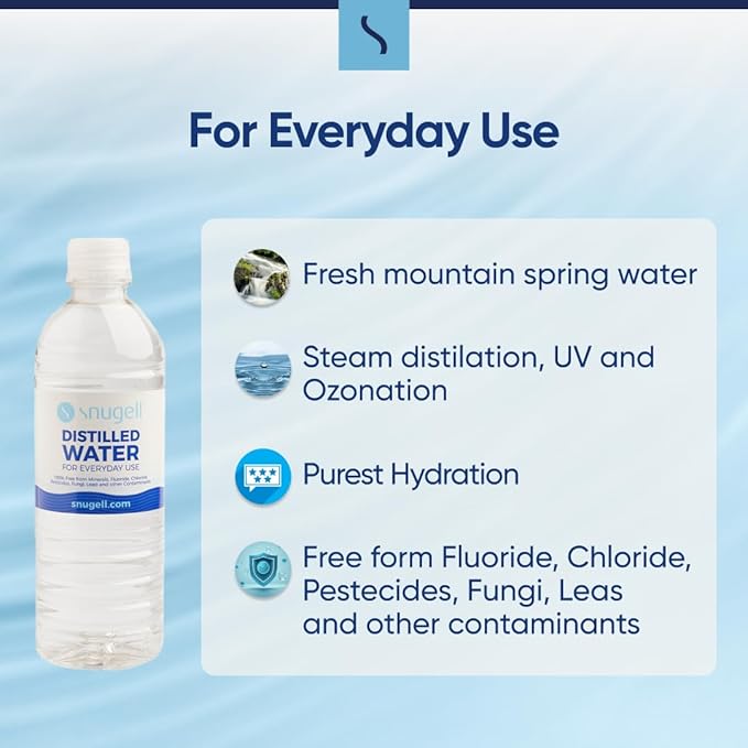 Snugell Bottled Distilled Water for Everyday Use (12-Pack, 16.9 oz Each) – Ultra-Filtered, Pure, and Safe – BPA-Free – Everyday Use – Made in USA