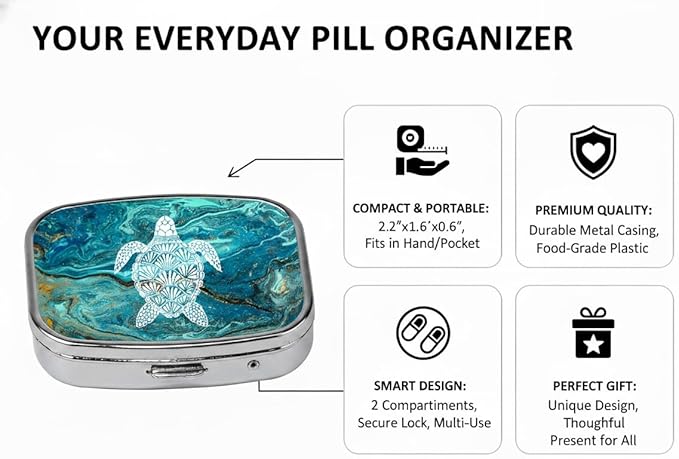 Sea Turtle Pill Box 2 Compartment Small Pill Case,Portable for Pocket or Purse Pill Organizer Pill Container Holder with Mirror to Hold Vitamins, Medication, Fish Oil and Supplements