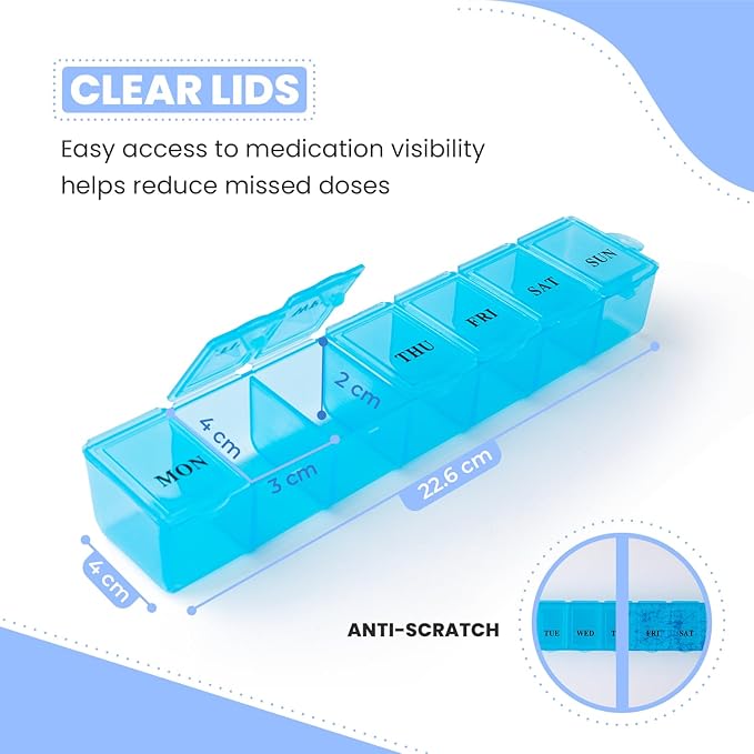 2 Pack Pill Box Weekly Pill Organizer Blue - Daily Pill Organizer, 7 Days One-Time-A-Day, Easy to Open Lids, Pop Up Compartments, Portable for Travels - Safe Material by December Springs
