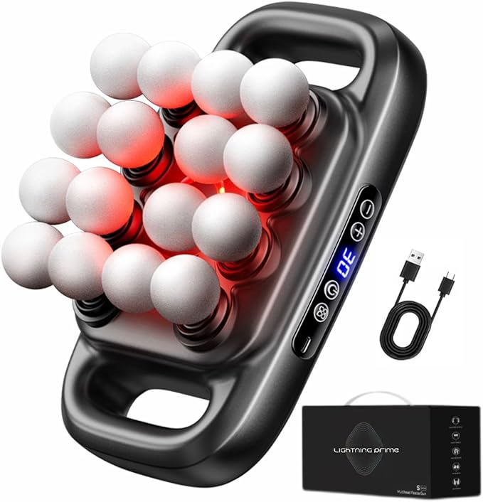 Massage Gun with 16 Heads, 30 Speeds, Red Light Therapy, Cordless Deep Tissue, Black, 12V 1800mAh Battery, 25mm Amplitude
