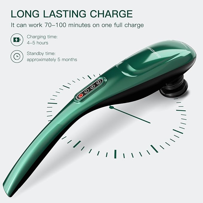 MEGAWISE Handheld Back Massager w/Rechargeable 3200mAh Battery, 5 Speed and 5 +2 Massage Nodes with Hard (Dark Green)
