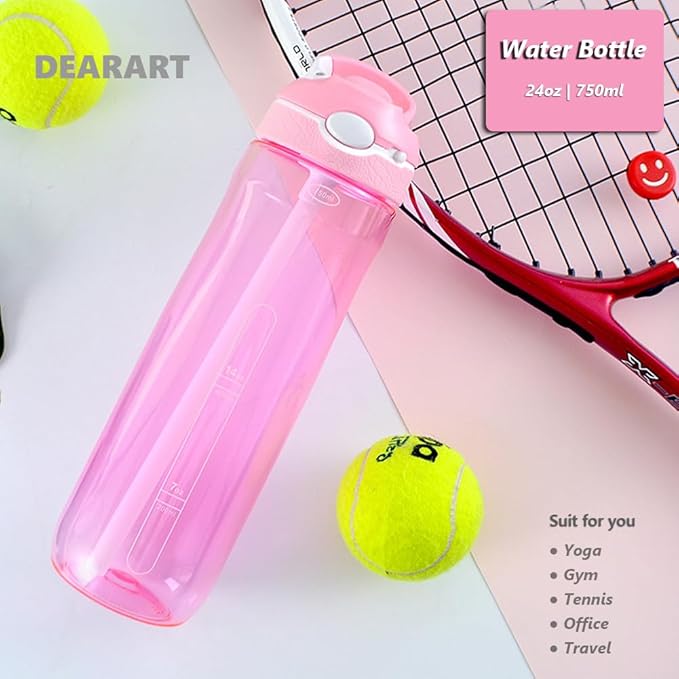 DEARART 2-Pack 24oz Light Blue & Pink Water Bottles With Straw, Leakproof BPA FREE Hidden Nozzle, Flip Up Lid Has Handle Wide Bottle Easy Clear, Suit Office Yoga Outdoor Sports Travel Gym.
