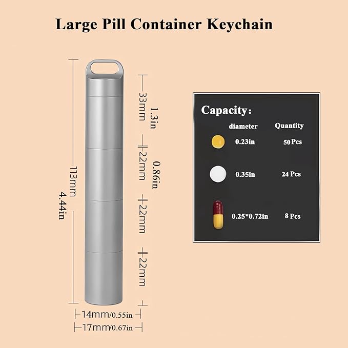 Small Keychain Pill Holder,304 Stainless Steel Portable Pill Case Organizer for Travel,Waterproof Pocket Pill Container Medicine Box for Purse Men (Large Pocket Pill Case)