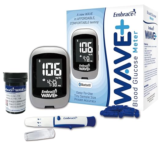 Embrace WAVE+ Bluetooth Diabetes Testing Kit – Embrace WAVE+ Blood Glucose Meter, 50 Blood Test Strips, 1 Lancing Device, 30 Gauge Lancets-50 Count and 1 Carrying Case | Health2Sync App | iOS & Android Compatible