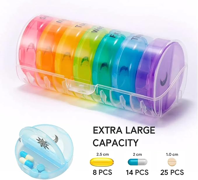 7-Day Pill Organizer with Two Compartments Per Day, Ideal for Pills/Vitamins/Fish Oil/Supplements Storage, BPA-Free and Easy to Clean (Clear)
