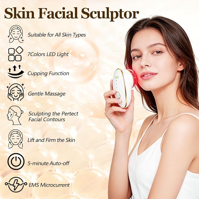 Facial Cupping Set for Face, 3 in 1 Microcurrent Facial Device, 7 Color LED Lymphatic Drainage Massager for Face Skin Tightening & Depuffing, Double Chin Reducer
