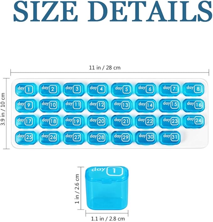 Monthly Pill Box Organizer Once A Day, 31 Day Pill Case Detachable Airtight Daily Pill Holder, Bpa Free Discreet Compact Travel Medicine Pods, Quick Refill and Easy Open, Arthritis Friendly