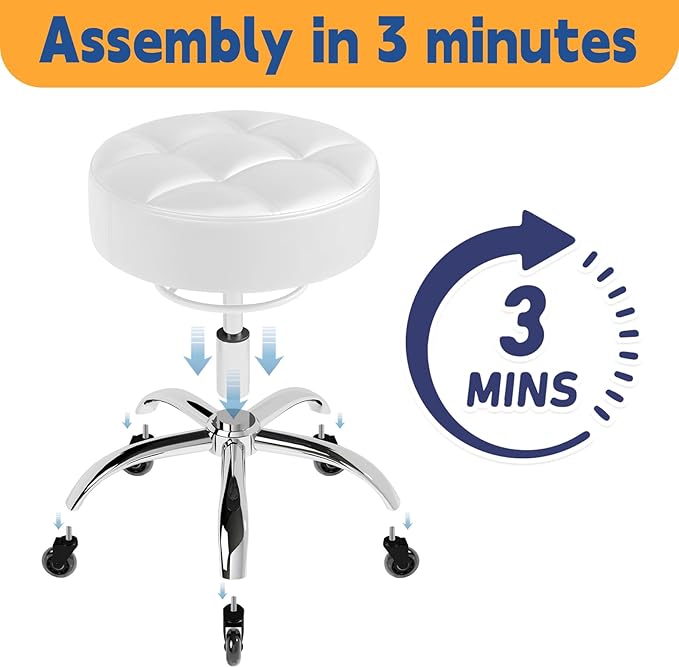 Rolling Stool Heavy Duty 400lb: Super Soft Seat Cushion,360° Swive,Height Adjustability,No Squeaky Noises,No Tip Over,New Upgraded Stool Salon stool Chair, Tattoo Facial Massage Spa Medical (White)