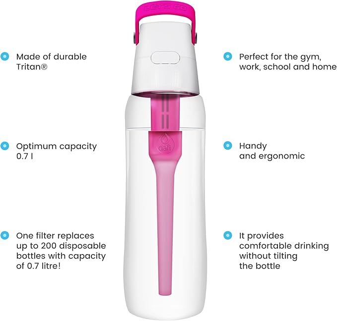 Dafi Filtered Water Bottle with Straw 24 oz - Sports Water Bottle Reusable with Carbon Filter for Travel, Gym, Daily Use - Leakproof, BPA-Free with Hypoallergenic Mouthpiece & Carrying Handle - Pink