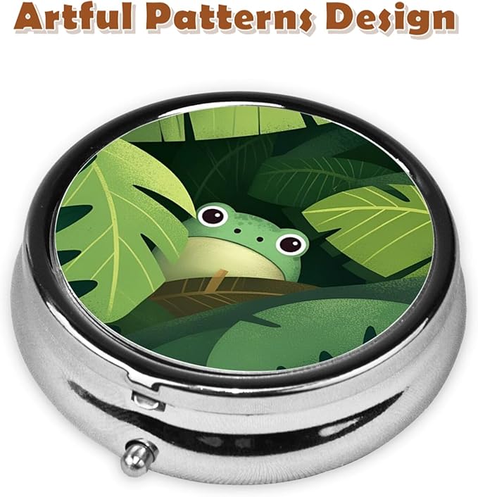 Metal Pill Organizer - 3-Compartment Mini Round Pill Case for Pocket & Purse, Portable Vitamin Holder, Easy-Open Design for Travel - Jungle Frog