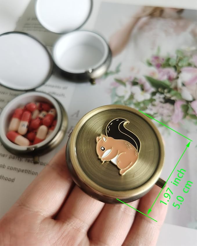 Cute Squirrel Pill Organizer Medicine Box - Small Round Portable Pill Box for Pocket, Bronze Durable Mini Pill Case for Purse, Decorative Metal Medicine Vitamin Organizer Classical Pill Holder