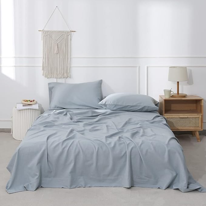 Simple&Opulence Belgian Linen Sheet Set Solid Color - 3 Pieces (1 Flat Sheet, 1 Fitted Sheet & 1 Pillowcase) Natural Flax Cotton Blend Soft Breathable Farmhouse Bedding - Twin Size, Dusty Blue