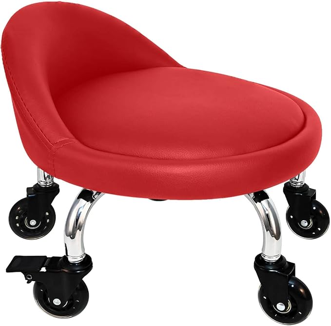 Rolling Stool with Backrest 450 Lbs High Weight Capacity PU Leather Roller Seat and Heavy-Duty Crystal Universal Wheels for Men Women Furniture Gift, Home Office Red