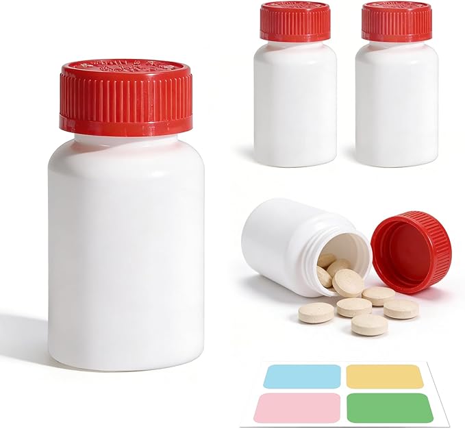 4 Pack Small Empty Plastic Bottles for Pills - Travel Medicine Containers with Lids & Labels, Portable Daily Organizer Storage for Vitamins, Medication Essentials