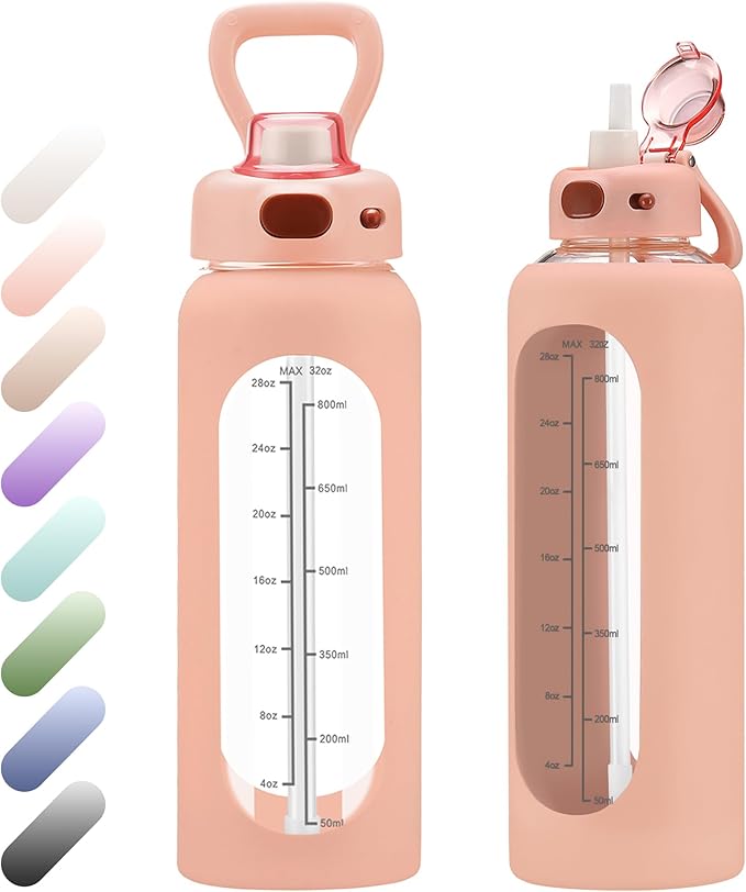 SIEROZUR 32 oz Glass Water Bottle with Straw and Handle 1 Liter Glass Water Bottle with Silicone Sleeve and Time Marker Sports Water Jug Wide Mouth for Travel Gym