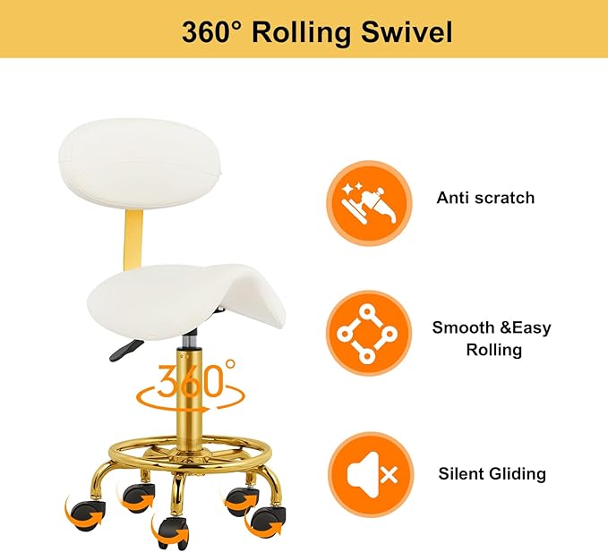 Saddle Stool with Back Support Ergonomic Saddle Chair with Wheels Hydraulic Stool Rolling Soft Cushion for Tattoo Salon Shop Spa Home White