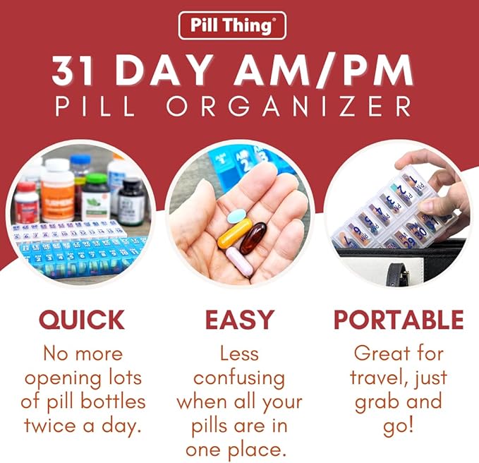 Twice-a-Day Monthly Pill Box Planner Set - AM & PM Medication Organizer for 31 Days! Set Contains 2 Organizers for One Month. (Clear/Blue - 31 Day AM/PM)