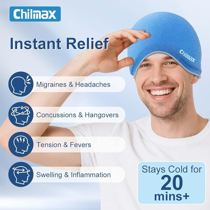 Migraine Relief Cap,Full Head Ice Hat Hot & Cold Gel Compress Pack with Face and Eye Mask,Headache Ice Pack Head Wrap for Hangover, Fever, Puffy Eyes,Tension, Sinus, Stress Relief (Blue)