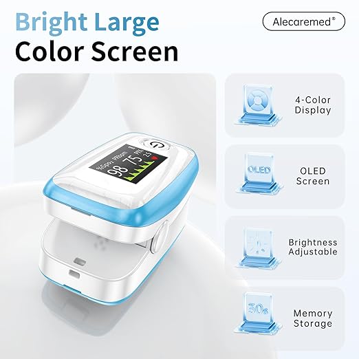 YM504 Pulse Oximeter, 4 Color TFT-OLED 20 × Memory Oxygen Monitor Fingertip, Blood Oxygen Saturation Monitor with Alarm, Batteries and Lanyard (Blue)