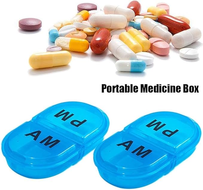 Blue Daily Pill Box AM/PM Pill Organizer,Portable Travel Pill Case,Vitamin Case, Medicine Container,Pocket Size Small Case Holder for Vitamin Supplement,Jewelry Storage Medication Aids