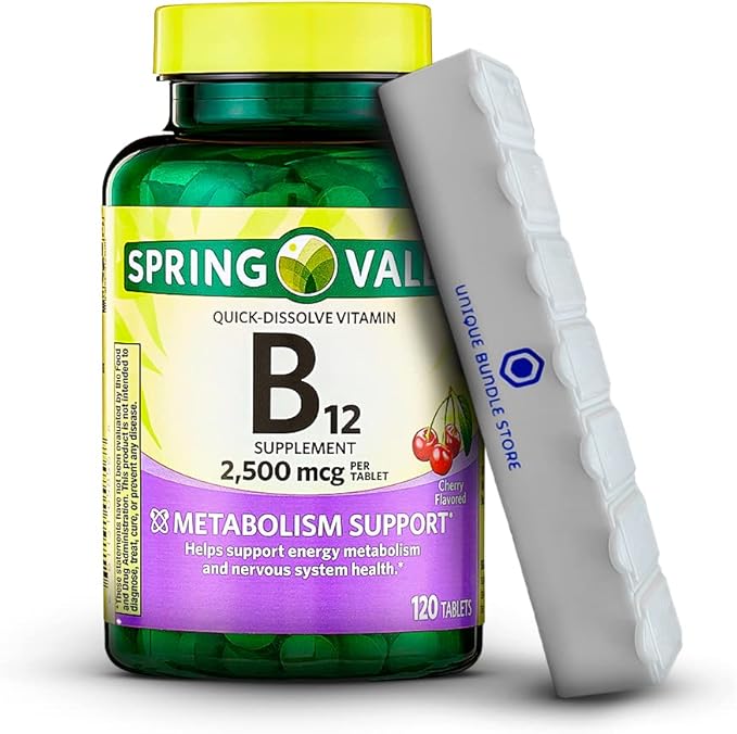 Unique Bundle Store Spring Valley, Vitamin B12 2500 MCG, B12 Quick-Dissolve Cherry Flavor Tablets Dietary Supplement, Vitamin B12, 120 Count + 7 Day Pill Organizer Included (Pack of 1)