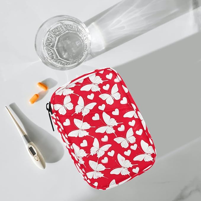 Heart Butterfly Red Pill Case Everyday Travel, 7 Day Weekly Medicine Pill Box Compact Portable Pills Bottle Organizer with Zipper for Daily Vitamin Medicine Holder Bottle Organizers Bag