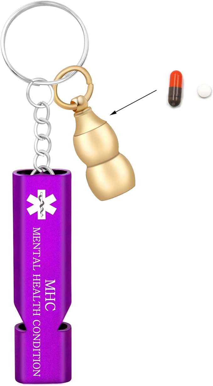 Durable Brass Gourd Pill Organizer Keychain with Purple Emergency Whistle – Waterproof Medical Alert Engraved for Mental Health Conditions – for Fitness, Travel, and Everyday Safety