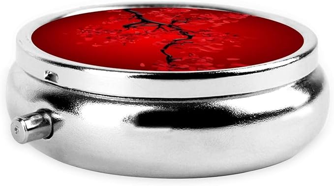 Red Cherry Blossom Printed Round Travel Pill Box Cute Small Metal Pocket Pill Case for Men & Women 3 Compartment Portable Pill Organizer for Purse or Pocket