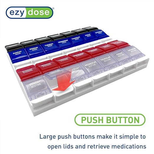 EZY DOSE Weekly (7-Day) Pill Organizer, Vitamin Container, and Daily Medicine Planner, 2X-Large Push Button Compartments, Arthritis Friendly, Easy to Use, 4 Times a Day, Color-Coded Lids, BPA Free