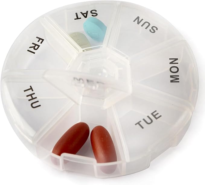 Deke Home - Round Portable Pill Box, Medicine Planner, Small 7 Day Weekly Travel Container, Medication, Vitamin Holder, Pillbox Organizer, Pill Dispenser, Daily Sorter & Reminder, BPA Free