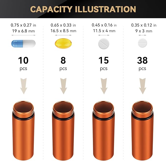 Tactical Mini Pill Case, Durable Metal Small Pill Holder for Pocket or Purse, Waterproof Medicine Bottle for Travel, EDC, Outdoors - Orange