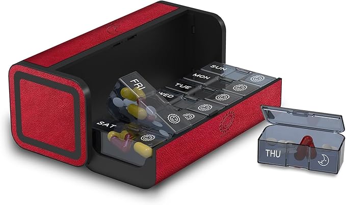 Pill Organizer 2 Times a Day, Am Pm Twice Daily Pill Case, Detachable Large Travel Pill Box 7 Day, Weekly Pill Container for Vitamin Medicine Supplement Fish Oil (Red)