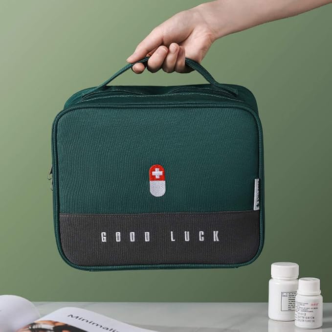 First Aid Kit Bag Empty Travel Medication Pouch Big Zippered Oxford Medical Survival Kit Carrier Handy Medicine Pills Drugs Package Organizer with 5 Pocket+1 Main Holder-9.8x7.9x5.3Inch (Green-L)