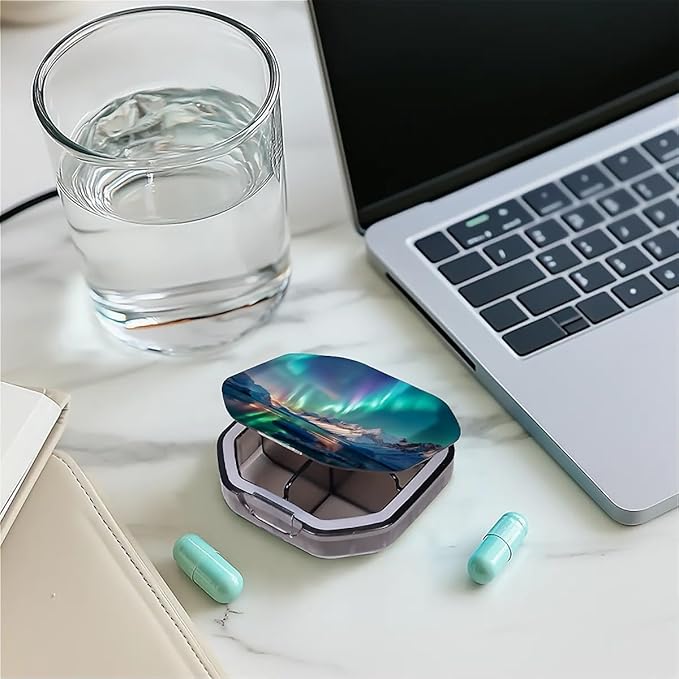 This Portable Northern Lights Pattern 4-Compartment Pillbox Can Be Placed in A Pocket Or Wallet to Store Vitamins, Medicines Fish Oil Health Supplements Other Medications.