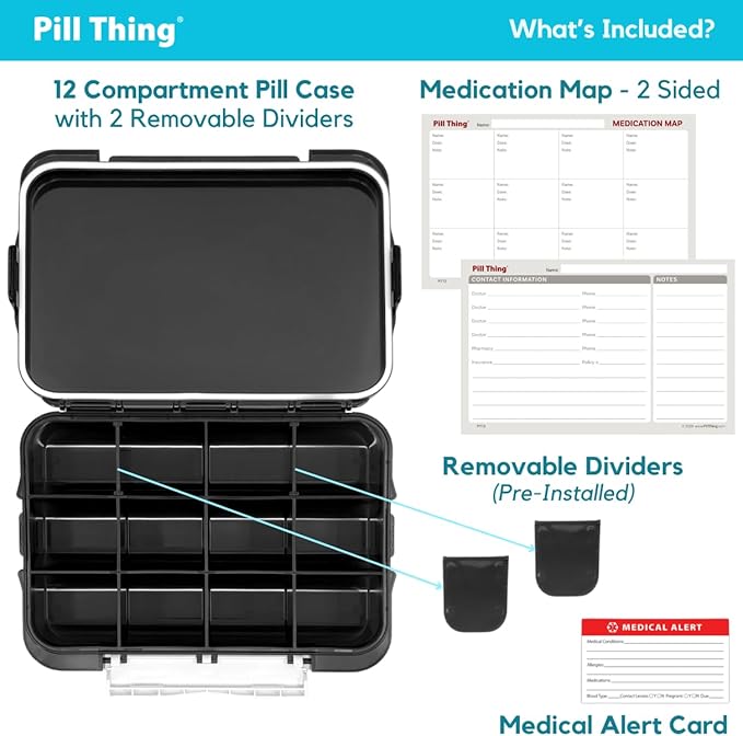 Extra Large Pill Organizer (12 Compartments) – Airtight Waterproof Travel Pill Case – Holds Large Vitamins & Daily Medications – Medication Map & Secure Lock Design (Black, 1 Pack)