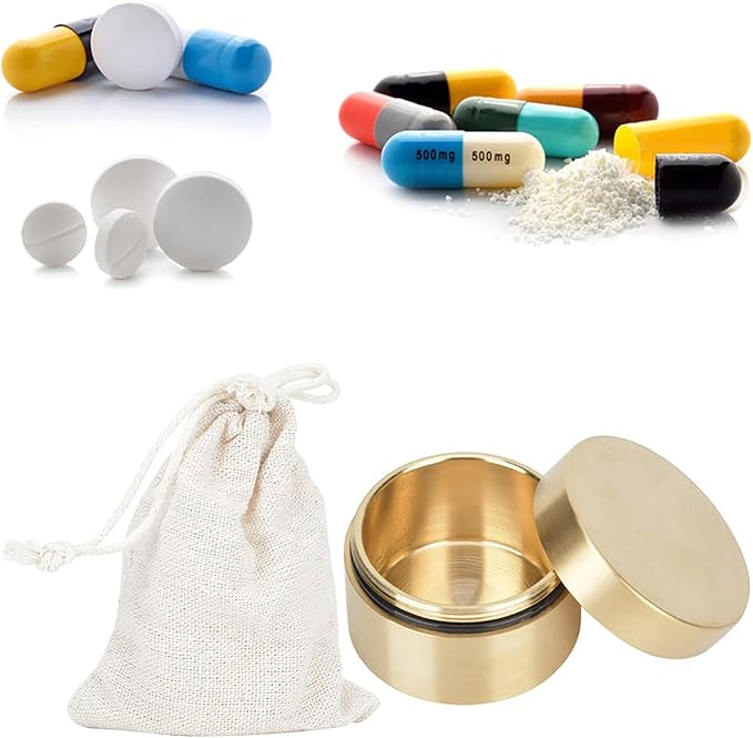 Estink Brass Mini Container, Outdoor Round Shape Brass Box Metal Jewelry Sealed Container Proof Storage Box for Pills Tea Leaves Jewelry (M)